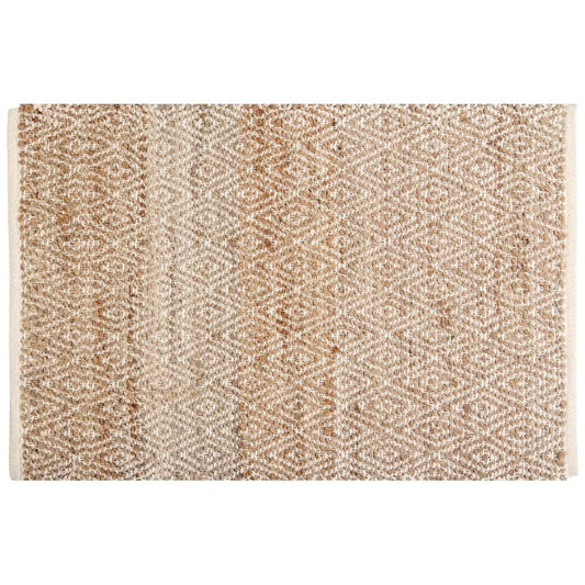 Against a white background, the Handwoven Jute Rug with Diamond Design Weaves, a small rectangle jute and white cotton carpet you can buy online at Sukham Home, a sustainable furniture, kitchen & dining and home decor store in Kolkata, India