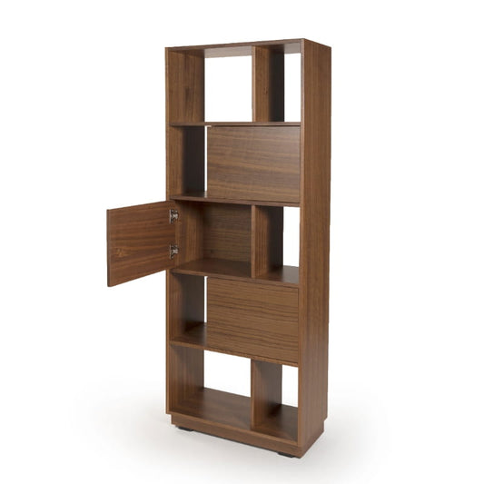 Against a white background, the Walnut Natural finish of the Diva Bookcase, a multipurpose wooden storage solution, room partition and cabinet you can buy online at Sukham Home, a sustainable furniture, kitchen & dining and home decor store in Kolkata, India