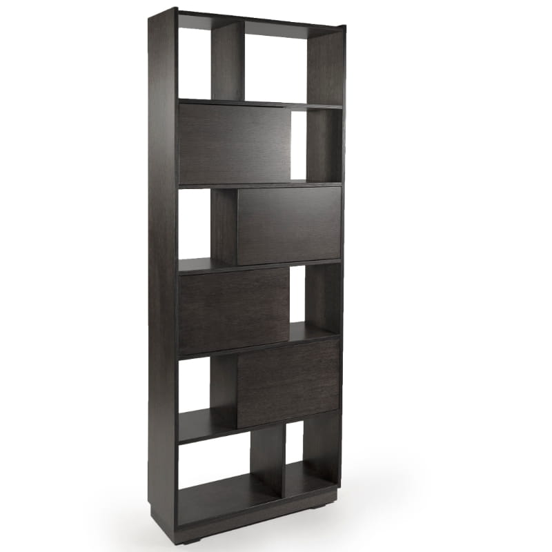 Against a white background, the side profile of the Ash Grey Diva Bookcase, a multipurpose wooden storage solution, room partition and cabinet you can buy online at Sukham Home, a sustainable furniture, kitchen & dining and home decor store in Kolkata, India