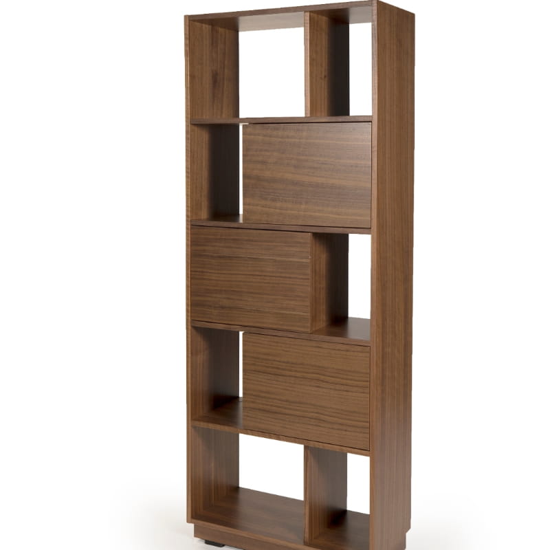 Against a white background, the side view of the Walnut Natural Diva Bookcase, a multipurpose wooden storage solution, room partition and cabinet you can buy online at Sukham Home, a sustainable furniture, kitchen & dining and home decor store in Kolkata, India