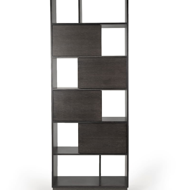 Against a white background, the Ash Grey finish of the Diva Bookcase, a multipurpose wooden storage solution, room partition and cabinet you can buy online at Sukham Home, a sustainable furniture, kitchen & dining and home decor store in Kolkata, India