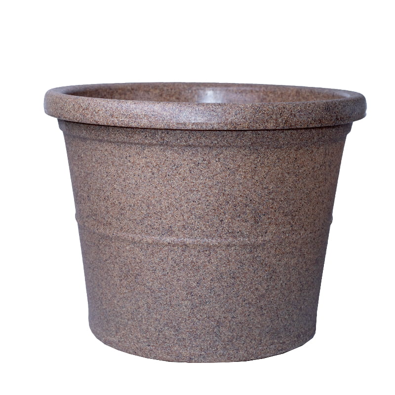 Against a white background, the Sand Stone Duro, a circular stone finish plastic planter that looks like granite available at Sukham Home, a sustainable furniture, gardening and home decor store in Kolkata, India