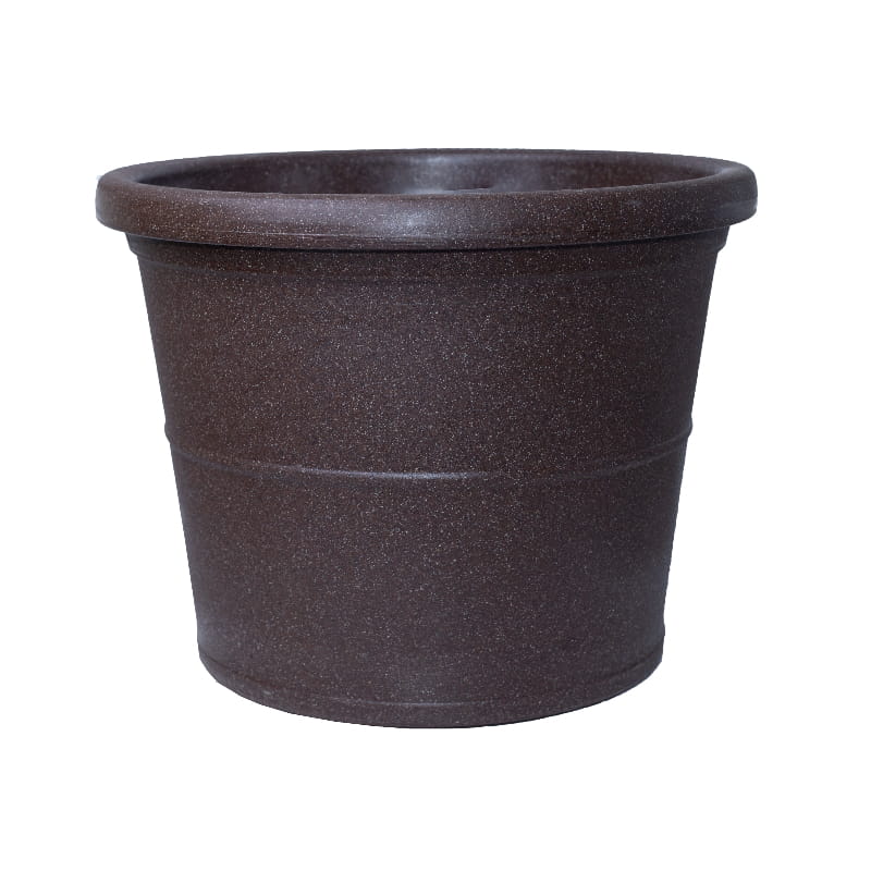 Against a white background, the Brown Stone Duro, a circular stone finish plastic planter that looks like granite available at Sukham Home, a sustainable furniture, gardening and home decor store in Kolkata, India