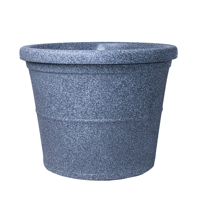 Against a white background, the Grey Stone Duro, a circular stone finish plastic planter that looks like granite available at Sukham Home, a sustainable furniture, gardening and home decor store in Kolkata, India