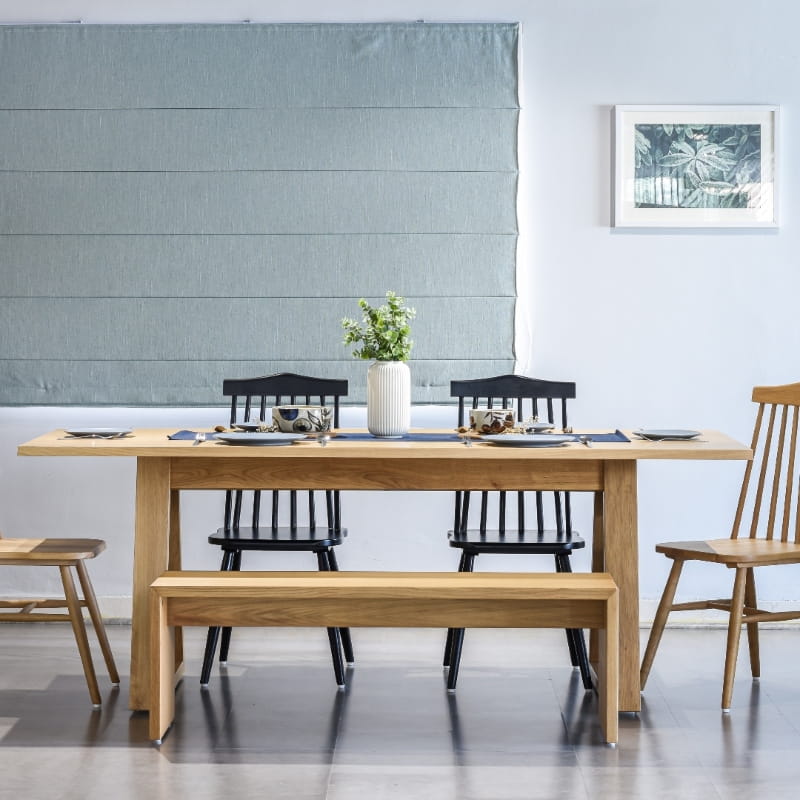 Front view of the dining set of the Oak Natural Ever Bench, a solid wood dining seat you can buy online at Sukham Home, a sustainable furniture and home decor store in Kolkata, India