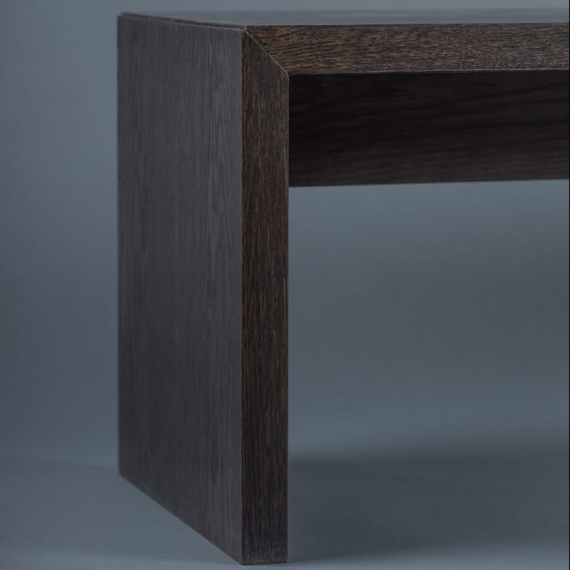 Side view of the Ash Grey Ever Bench, a solid wood dining seat you can buy online at Sukham Home, a sustainable furniture and home decor store in Kolkata, India