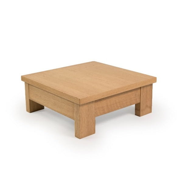 Against a white background, the square Oak Natural Fillet Centre Table, a wooden coffee and centre table inspired by Indian Bajot Table/Chowki you can buy online at Sukham Home, a sustainable furniture, kitchen & dining and home decor store in Kolkata, India