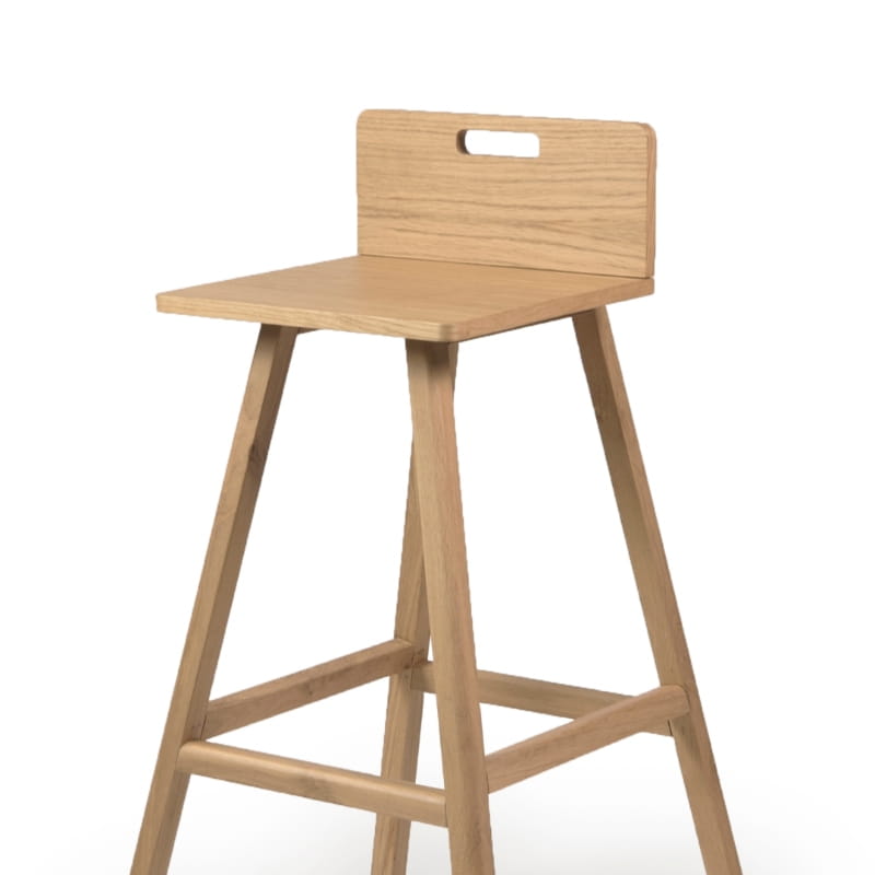 Against a white background, the Oak Natural Flamingo Bar Stool, a solid wood high bar chair you can buy online at Sukham Home, a sustainable furniture and home decor store in Kolkata, India