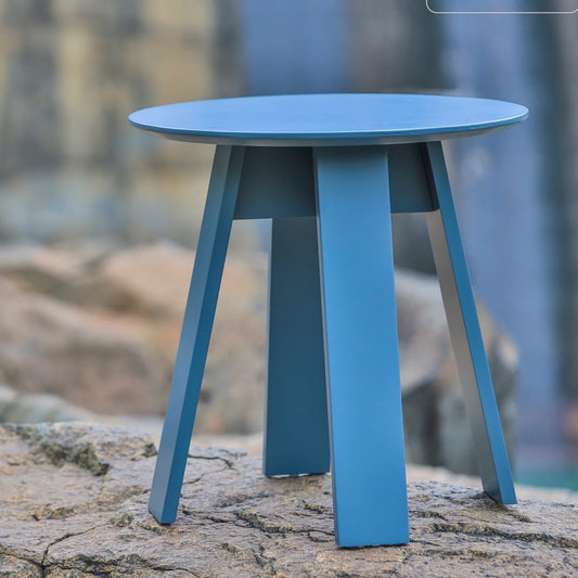 In Stormy grey, the small Full Moon Centre Table, a round wooden coffee and centre table you can buy online at Sukham Home, a sustainable furniture, kitchen & dining and home decor store in Kolkata, India