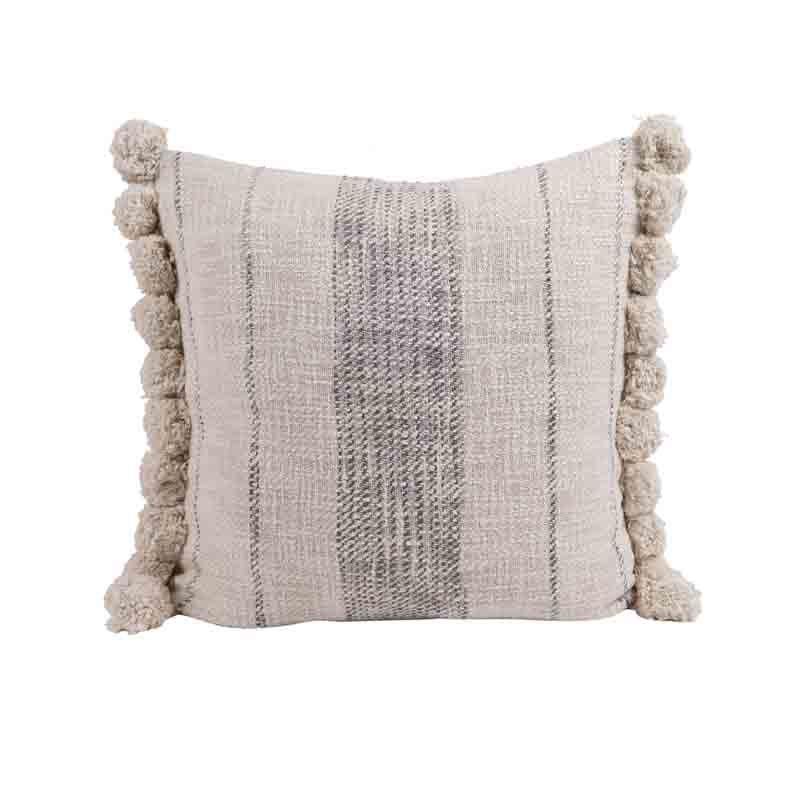 Against a white background, Graphite Cushions, a set of two white and grey linen accent pillows with pom poms you can buy online at Sukham Home, a sustainable furniture, kitchen & dining and home decor store in Kolkata, India