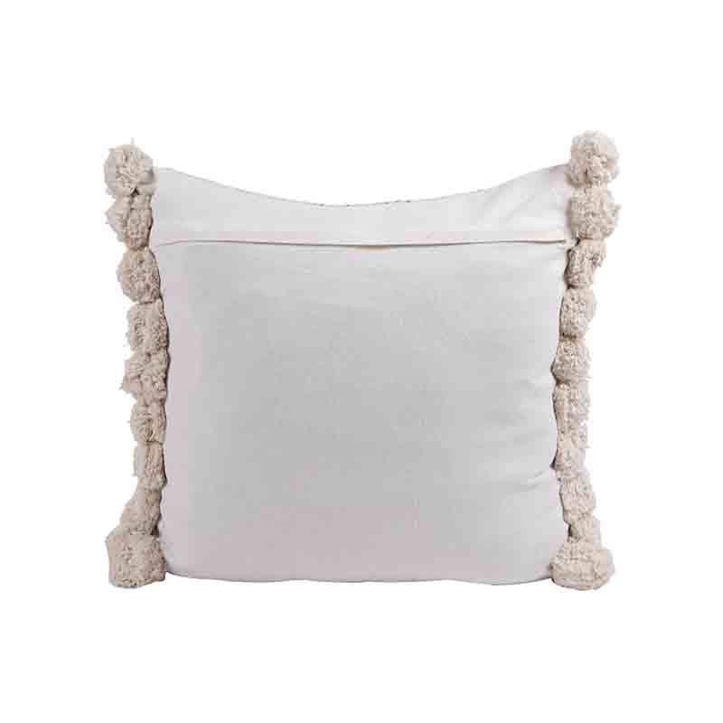 Back of the Graphite Cushions, a set of two white and grey linen accent pillows with pom poms you can buy online at Sukham Home, a sustainable furniture, kitchen & dining and home decor store in Kolkata, India