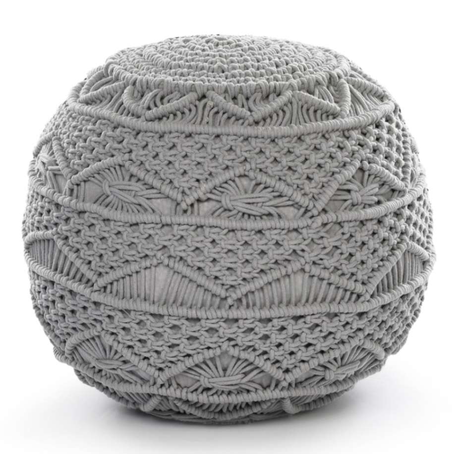 Against a white background, side view of the Grey Macrame Pouf, a grey ottoman made from cotton, available at Sukham Home, a sustainable furniture, kitchen & dining and home decor store in Kolkata, India