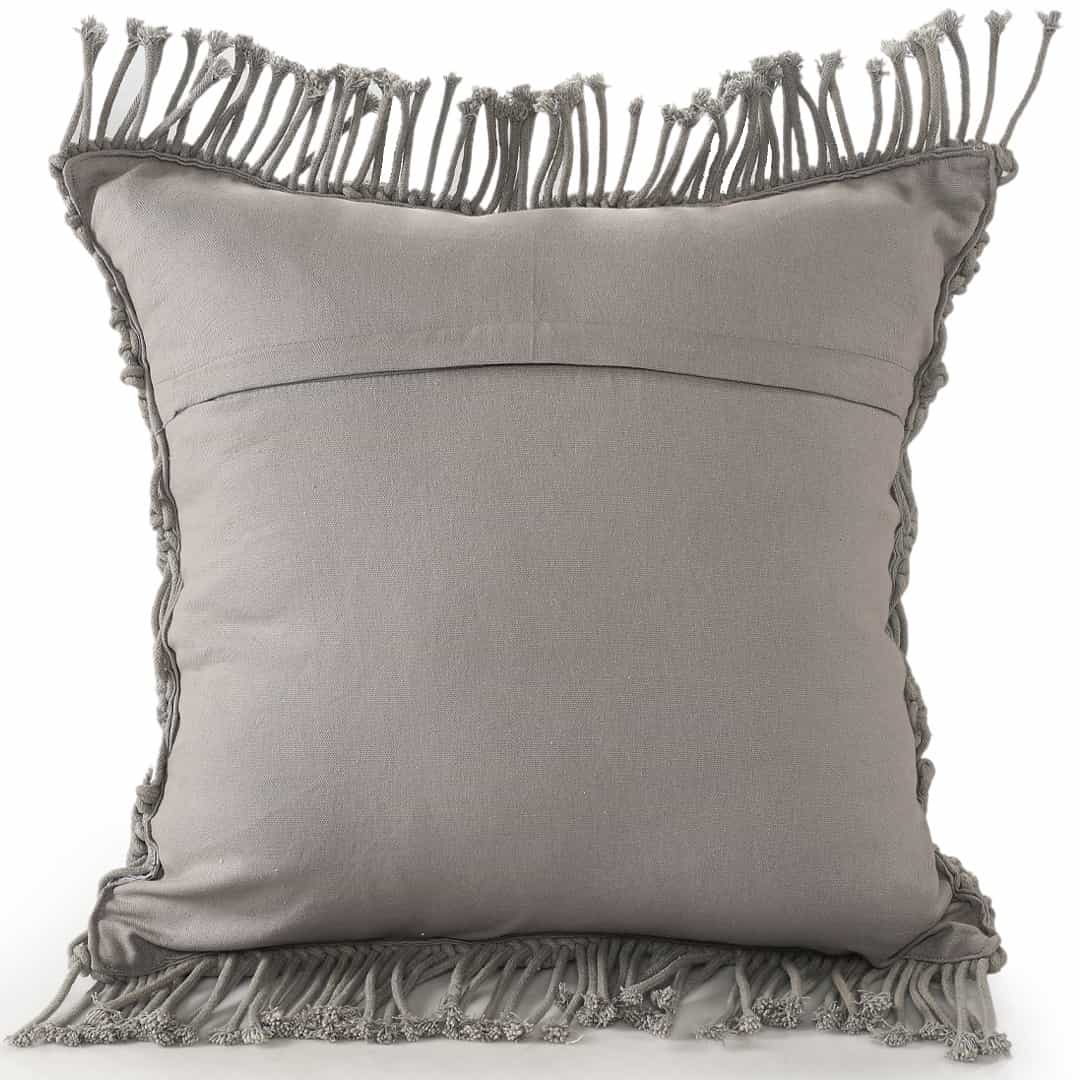 Against a white background, the back of the Grey Macrame Cushion, a square accent pillow you can buy online at Sukham Home, a sustainable furniture, kitchen & dining and home decor store in Kolkata, India