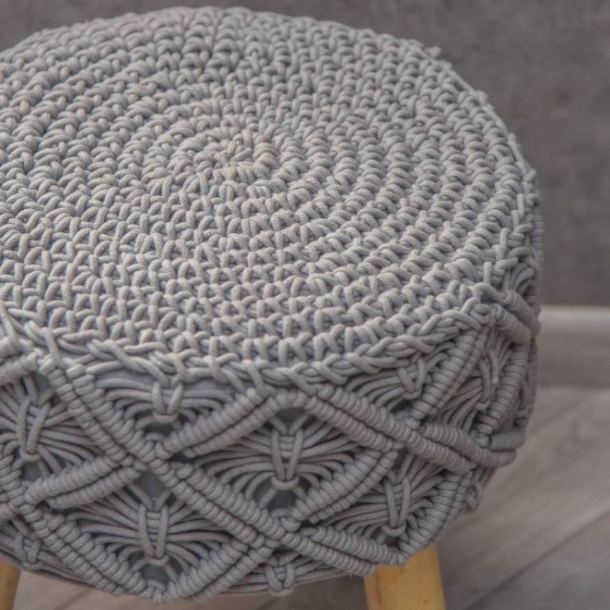 Close up of the texture and design on the Grey Macrame Stool, a grey ottoman made from cotton and mango wood, available at Sukham Home, a sustainable furniture, kitchen & dining and home decor store in Kolkata, India