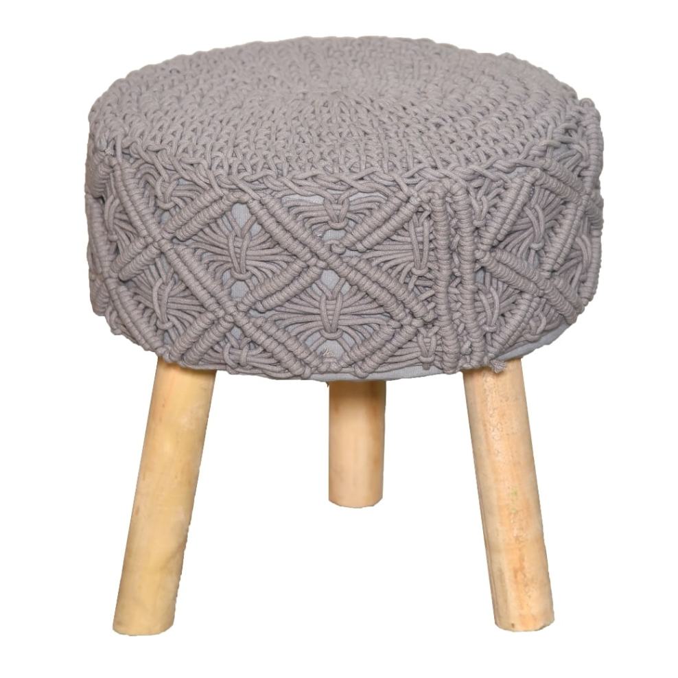 Against a white background, the Grey Macrame Stool, a grey ottoman made from cotton and mango wood, available at Sukham Home, a sustainable furniture, kitchen & dining and home decor store in Kolkata, India