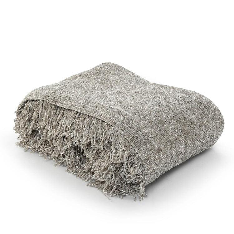 Against a white background, the throw of the Grey Soft Chenille Throw with Cushion Cover you can buy online at Sukham Home, a sustainable furniture, kitchen & dining and home decor store in Kolkata, India