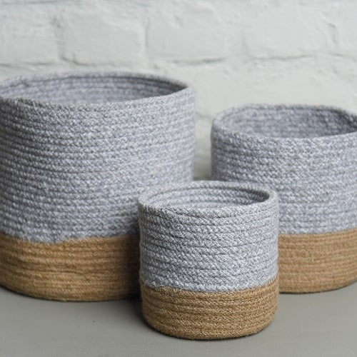 All 3 pieces of the Grey Basket Set, a set of 3 grey jute & cotton baskets you can buy online at Sukham Home, a sustainable furniture, kitchen & dining and home decor store in Kolkata, India