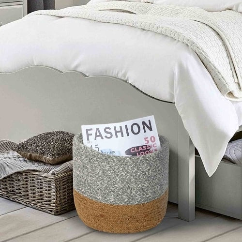 Medium basket in the Grey Basket Set, a set of 3 grey jute & cotton baskets you can buy online at Sukham Home, a sustainable furniture, kitchen & dining and home decor store in Kolkata, India