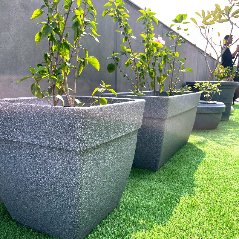 On a rooftop terrace, the Grey Stone Barca Square, a square stone finish plastic planter that looks like granite available at Sukham Home, a sustainable furniture, gardening and home decor store in Kolkata, India