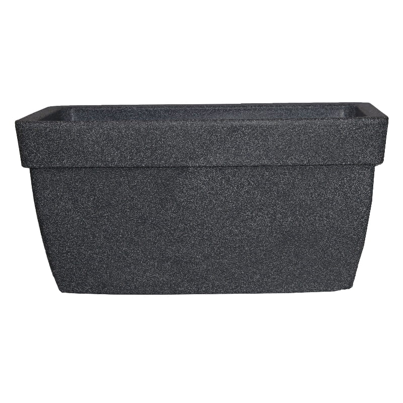 Against a white background, the Grey Stone Barca Rectangle, a rectangle stone finish plastic planter that looks like granite available at Sukham Home, a sustainable furniture, gardening and home decor store in Kolkata, India