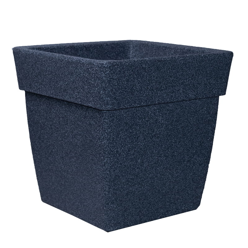 Against a white background, the Grey Stone Barca Square, a square stone finish plastic planter that looks like granite available at Sukham Home, a sustainable furniture, gardening and home decor store in Kolkata, India