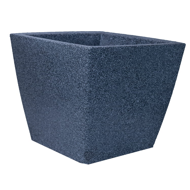 Against a white background, the Grey Stone Cubo N-40, a square stone finish plastic planter that looks like granite available at Sukham Home, a sustainable furniture, gardening and home decor store in Kolkata, India