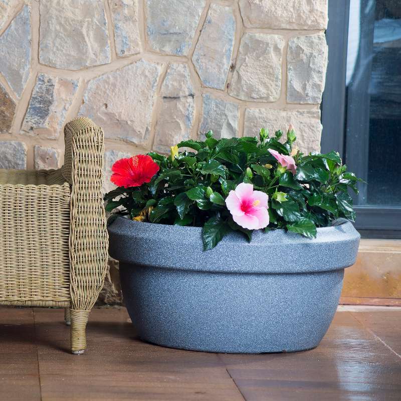 Full of hibiscus flowers, the Grey Stone Lotus Bowl, a round stone finish plastic planter that looks like granite available at Sukham Home, a sustainable furniture, gardening and home decor store in Kolkata, India