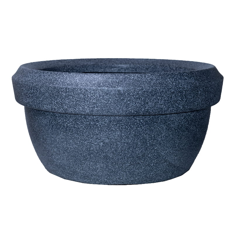 Against a white background, the Grey Stone Lotus Bowl, a round stone finish plastic planter that looks like granite available at Sukham Home, a sustainable furniture, gardening and home decor store in Kolkata, India