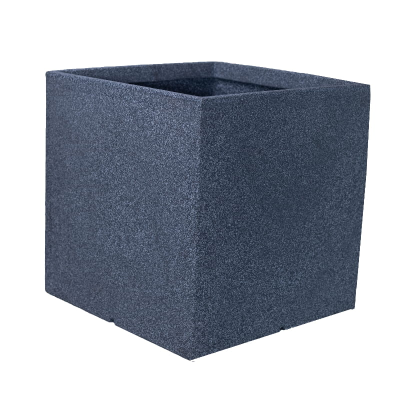 Against a white background, the Grey Stone Quebec Square, a square stone finish plastic planter that looks like granite available at Sukham Home, a sustainable furniture, gardening and home decor store in Kolkata, India