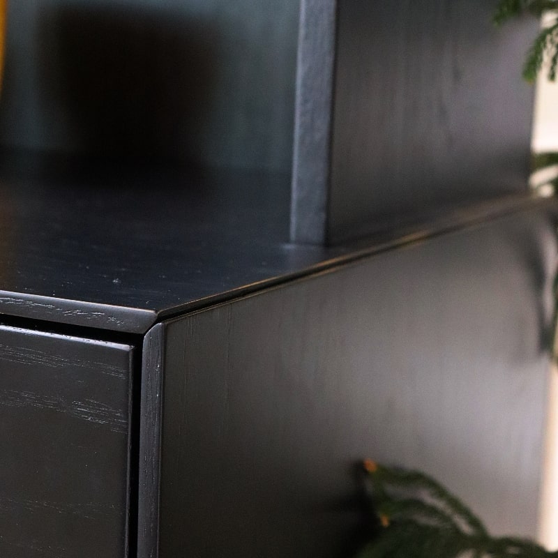 Close up of the Dovetail joint on the Ash Charcoal Hezza Dining Cabinet, a wooden crockery and storage solution you can buy online at Sukham Home, a sustainable furniture, kitchen & dining and home decor store in Kolkata, India