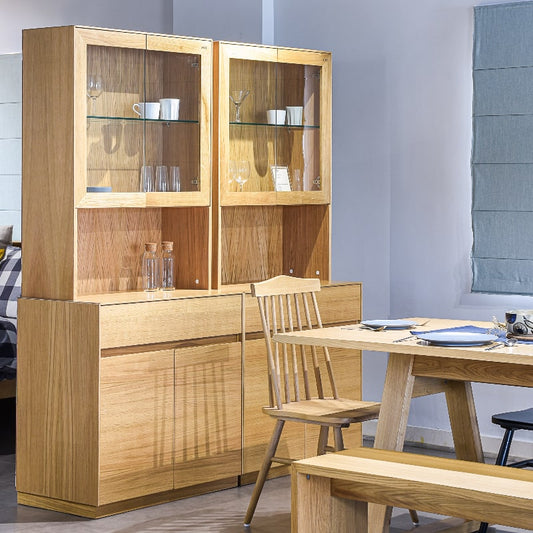 The Oak Natural Hezza Dining Cabinet, a wooden crockery and storage solution you can buy online at Sukham Home, a sustainable furniture, kitchen & dining and home decor store in Kolkata, India