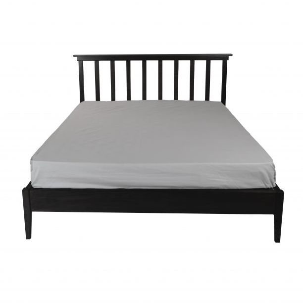 Against a white background, the front view of the Ash Charcoal Ingrid Bed, a wooden mission-style headboard king and queen size bed you can buy online at Sukham Home, a sustainable furniture, kitchen & dining and home decor store in Kolkata, India