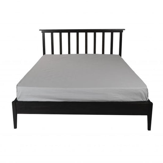 Against a white background, the front view of the Ash Charcoal Ingrid Bed, a wooden mission-style headboard king and queen size bed you can buy online at Sukham Home, a sustainable furniture, kitchen & dining and home decor store in Kolkata, India