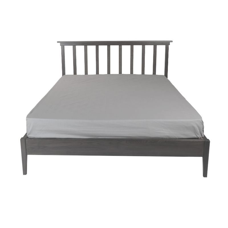 Against a white background, front view of the Ash Grey Ingrid Bed, a wooden mission-style headboard king and queen size bed you can buy online at Sukham Home, a sustainable furniture, kitchen & dining and home decor store in Kolkata, India