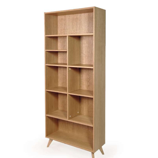 Against a white background, side view of the Oak Natural Insignia Bookshelf, a multipurpose wooden open shelf, storage solution and cabinet you can buy online at Sukham Home, a sustainable furniture, kitchen & dining and home decor store in Kolkata, India