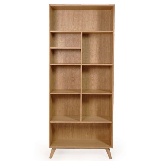 Against a white background, front view of the Oak Natural Insignia Bookshelf, a multipurpose wooden open shelf, storage solution and cabinet you can buy online at Sukham Home, a sustainable furniture, kitchen & dining and home decor store in Kolkata, India