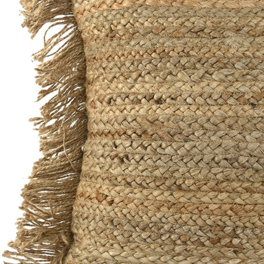 Close up of the braids and stitching on the Jute Cushion, a square braided and fringed accent pillow available at Sukham Home, a sustainable furniture, kitchen & dining and home decor store in Kolkata, India