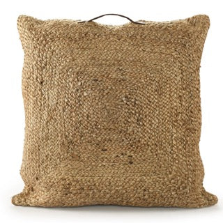 Against a white background, the Jute Square Floor Cushion, a square braided accent pillow, available at Sukham Home, a sustainable furniture, kitchen & dining and home decor store in Kolkata, India