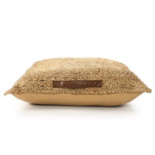 Side view of the Jute Square Floor Cushion, a square braided accent pillow, available at Sukham Home, a sustainable furniture, kitchen & dining and home decor store in Kolkata, India