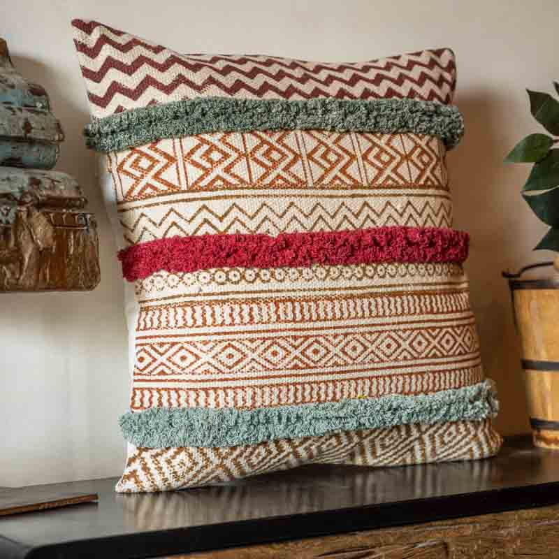 Side view of the La La Land Cushion, a cotton handpainted and tufted accent pillow you can buy online at Sukham Home, a sustainable furniture, kitchen & dining and home decor store in Kolkata, India