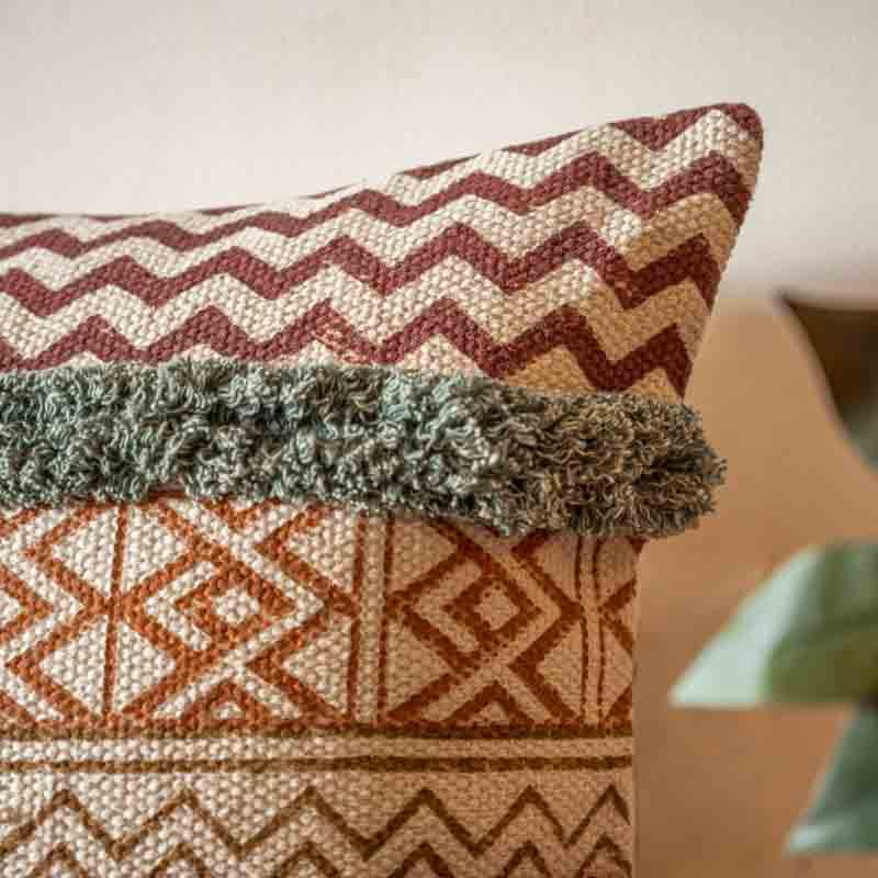 Close up of the tufting design on the La La Land Cushion, a cotton handpainted and tufted accent pillow you can buy online at Sukham Home, a sustainable furniture, kitchen & dining and home decor store in Kolkata, India