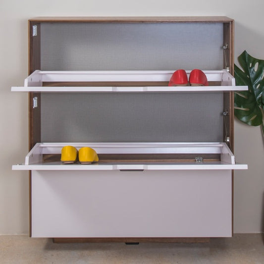 With the shutters open and shoes arranged inside the Lean Shoe Rack, a shoe storage solution you can buy online at Sukham Home, a sustainable furniture, kitchen & dining and home decor store in Kolkata, India
