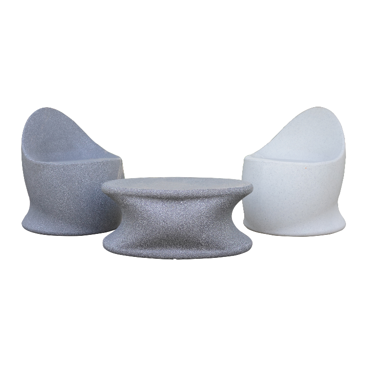 Against a white background, in Grey and White stone, the Marvella Chair, a stone finish plastic outdoor furniture chair you can buy online at Sukham Home, a sustainable furniture, kitchen & dining and home decor store in Kolkata, India