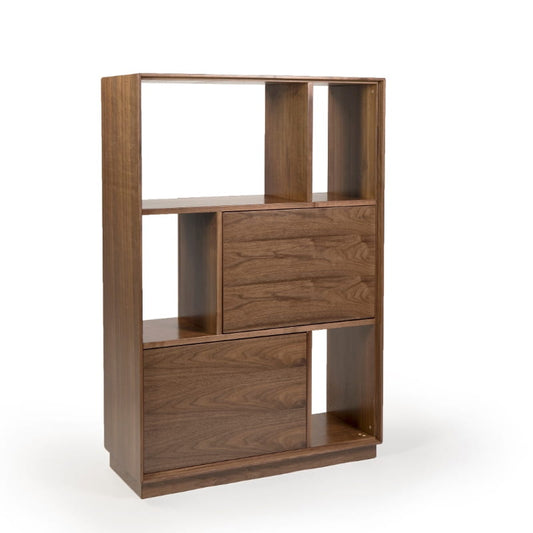 Against a white background, in Walnut Natural the Mi-Diva Bookcase, a multipurpose wooden room partition, storage solution and cabinet you can buy online at Sukham Home, a sustainable furniture, kitchen & dining and home decor store in Kolkata, India