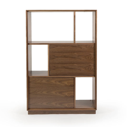 Front view in Walnut Natural of the Mi-Diva Bookcase, a multipurpose wooden room partition, storage solution and cabinet you can buy online at Sukham Home, a sustainable furniture, kitchen & dining and home decor store in Kolkata, India
