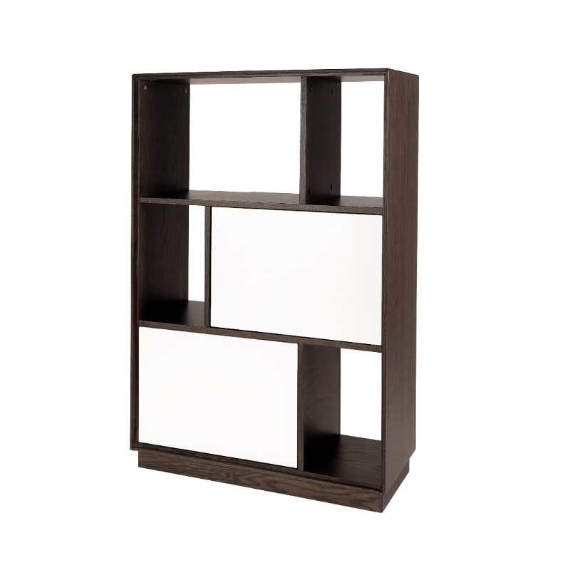 Against a white background, side view of the Ash Grey Mi-Diva Bookcase, a multipurpose wooden room partition, storage solution and cabinet you can buy online at Sukham Home, a sustainable furniture, kitchen & dining and home decor store in Kolkata, India