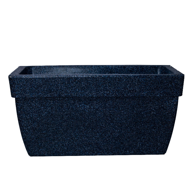 Against a white background, the Midnight Blue Stone Barca Rectangle, a rectangle stone finish plastic planter that looks like granite available at Sukham Home, a sustainable furniture, gardening and home decor store in Kolkata, India