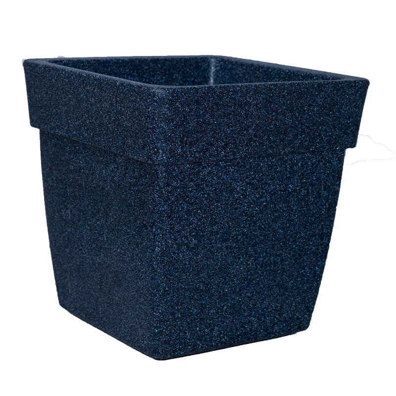 Against a white background, the Midnight Blue Stone Barca Square, a square stone finish plastic planter that looks like granite available at Sukham Home, a sustainable furniture, gardening and home decor store in Kolkata, India