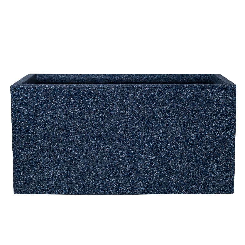 Against a white background, the Midnight Blue Stone Quebec Rectangle, a rectangle stone finish plastic planter that looks like granite available at Sukham Home, a sustainable furniture, gardening and home decor store in Kolkata, India