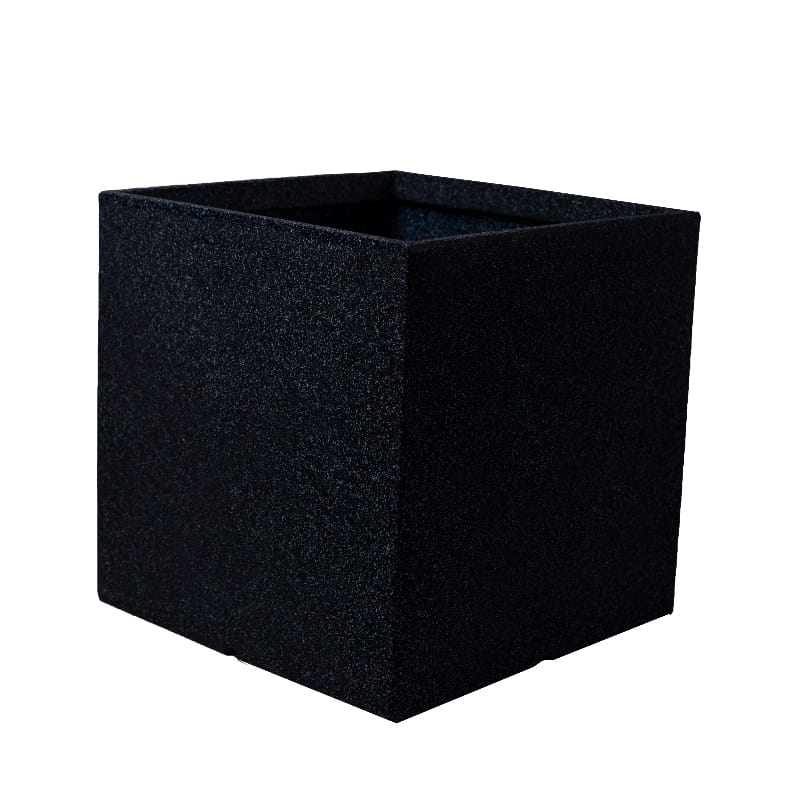 Against a white background, the Midnight Stone Quebec Square, a square stone finish plastic planter that looks like granite available at Sukham Home, a sustainable furniture, gardening and home decor store in Kolkata, India